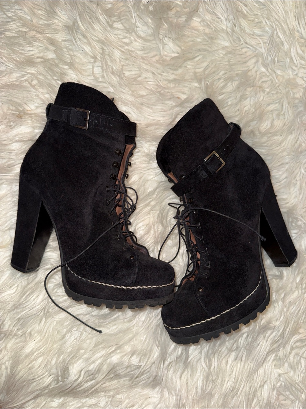 ALAÏA Black Suede Lace Up Ankle Boots